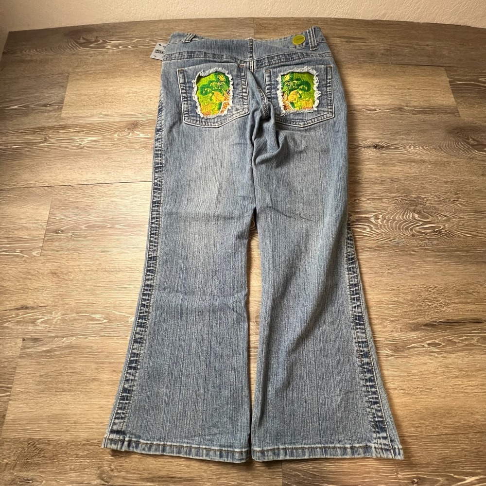 Montero Flare Jeans Womens 13/14 Blue Graphic Back Pocket Y2K Wide Leg Denim